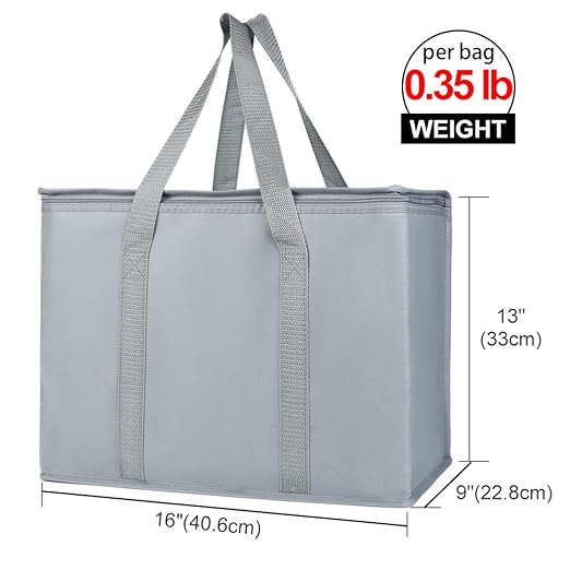 Bodaon 5-Pack Insulated Reusable Grocery Shopping Bags, X-Large Picnic Cooler Bag Zipper/Zippered Top Cold, Insulated Food/Pizza Delivery Bag, Grey