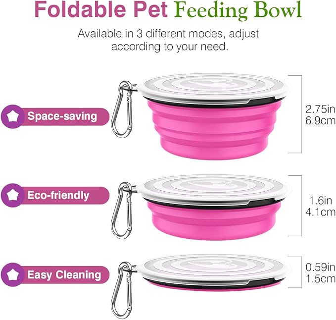 Pawaboo Collapsible Dog Bowls 2 Pack, Silicone Feeding Watering Bowls with Lids & Carabiners for Dogs Cats, Portable Water Feeder Food Bowl for Walking Traveling Home Use, 1000ml, Pink + Green