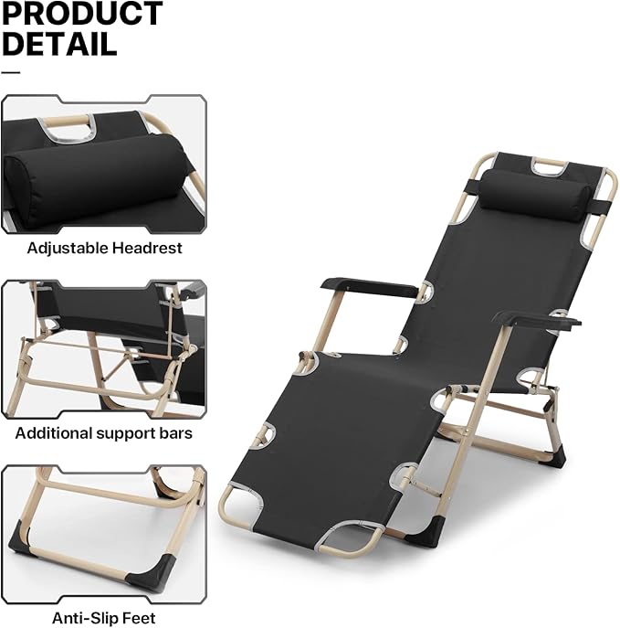 MoNiBloom Patio Folding Lounge Chair Set of 2 Outdoor Lawn Folding Lounge Reclining Lounger Chairs for Poolside Backyard Beach and Camping, 330lbs Capacity