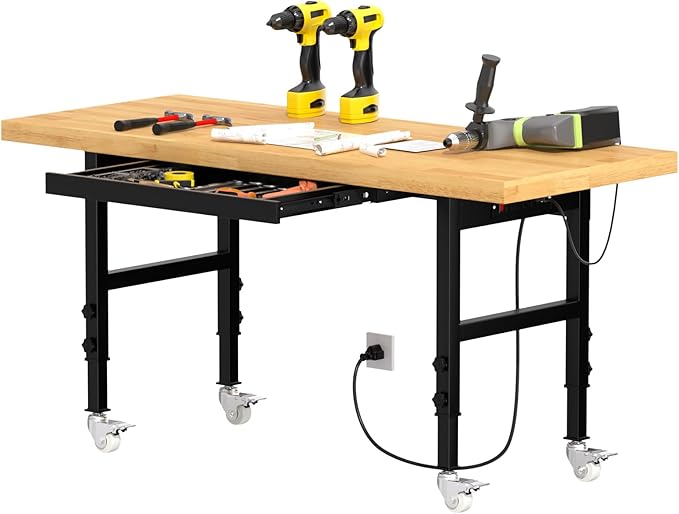 Solid Wood 60" Work Bench with Wheels, Heavy-Duty Workbench with Drawers, Adjustable Height Work Table with Power Outlets, 2000 LBS Capacity Workstation for Garage, Workshop(60" X 24")