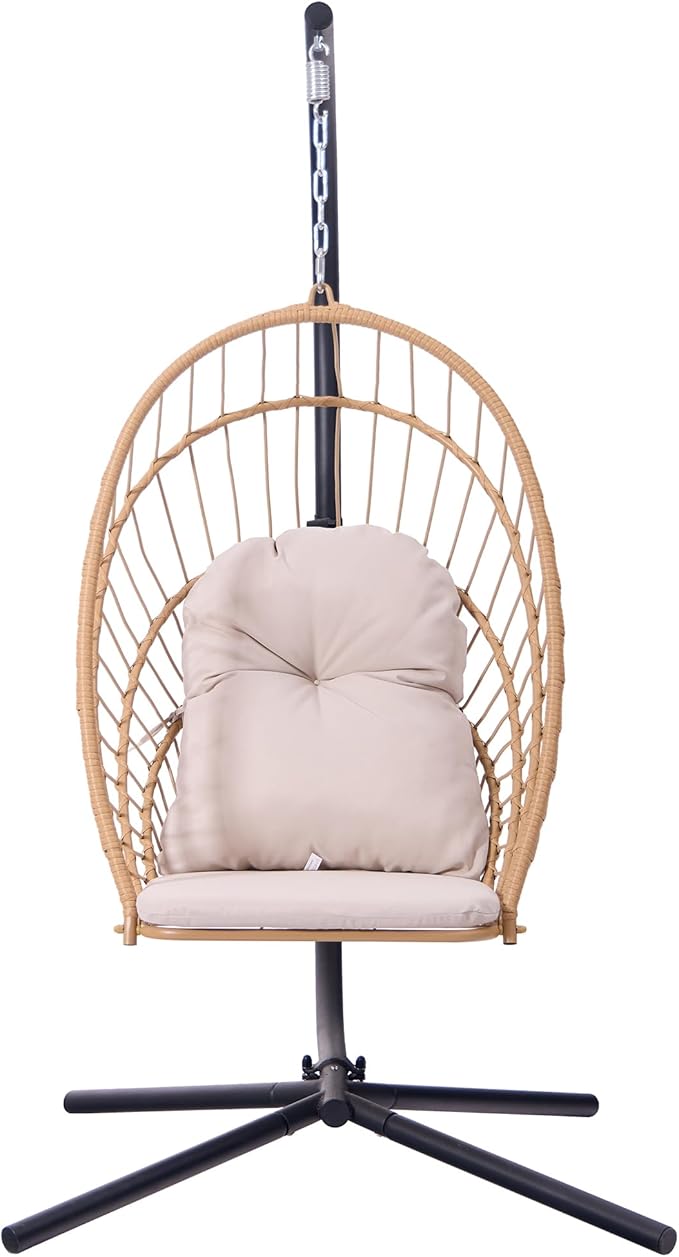 Indoor/Outdoor Egg Hanging Chair with Stand - Patio Wicker Swing Hammock Chair. 350lbs Capacity, Cushioned. Ideal for Bedroom, Balcony, Porch, Garden. Versatile Swing Chair for All Spaces