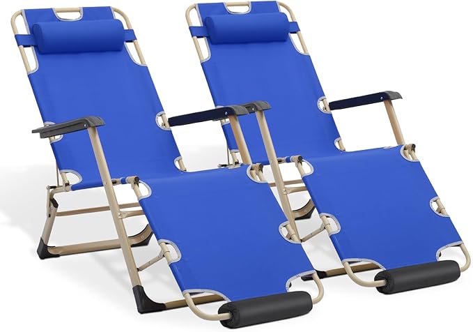 MoNiBloom Set of 2 Folding Reclining Patio Chairs, 3-Position Patio Lounger Folding Chairs with Footrest for Backyard Poolside Lawn, Blue, 330lbs Capacity