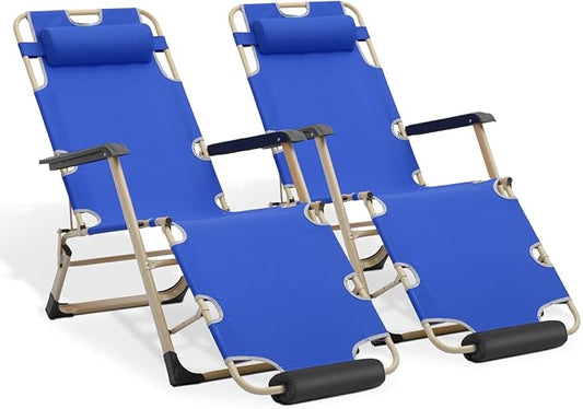 MoNiBloom Set of 2 Folding Reclining Patio Chairs, 3-Position Patio Lounger Folding Chairs with Footrest for Backyard Poolside Lawn, Blue, 330lbs Capacity
