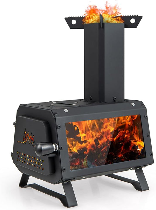 Camping Wood Stove, Portable Wood Burning Stove wtih X-shaped Pot Holder, Glass-Ceramic Window & Carbon Bridge, Tabletop Fire Pit Stove for Outdoor Cooking, Heating, Hunting & Ice Fishing