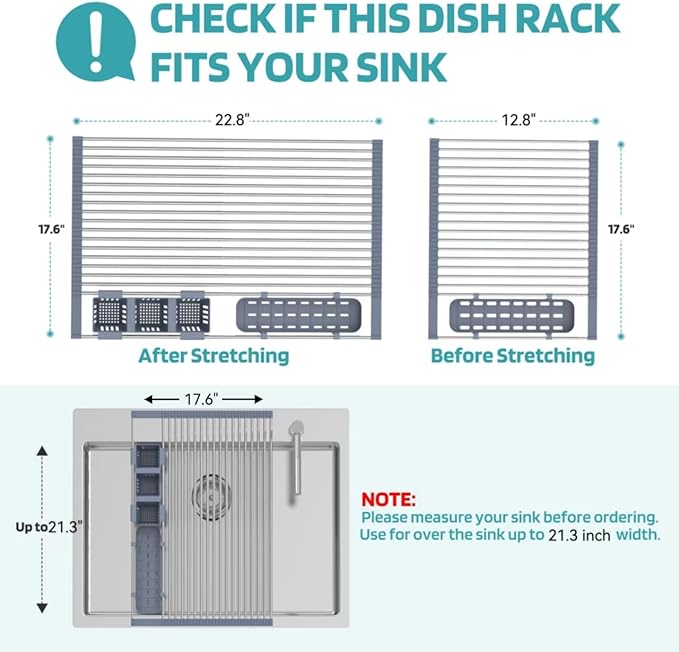 Extra Large Expandable Roll Up Dish Drying Rack Up to 22.8''with 2 Storage Baskets,Over The Sink Kitchen Rolling up Dish Drainer Dish Drying Rack in Sink, Foldable,Rollable,for Kitchen Dishes,Fruits