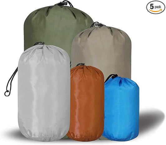Small Drawstring Bags Stuff Sack Set 5-Pack,Colorful 3L/5L/9L/15L/20L Ultralight Ditty Bags with Dirty Flap for Camping,Hiking,Travelling or Laundry (Blue&Golden&Grey&Yellow&Green)