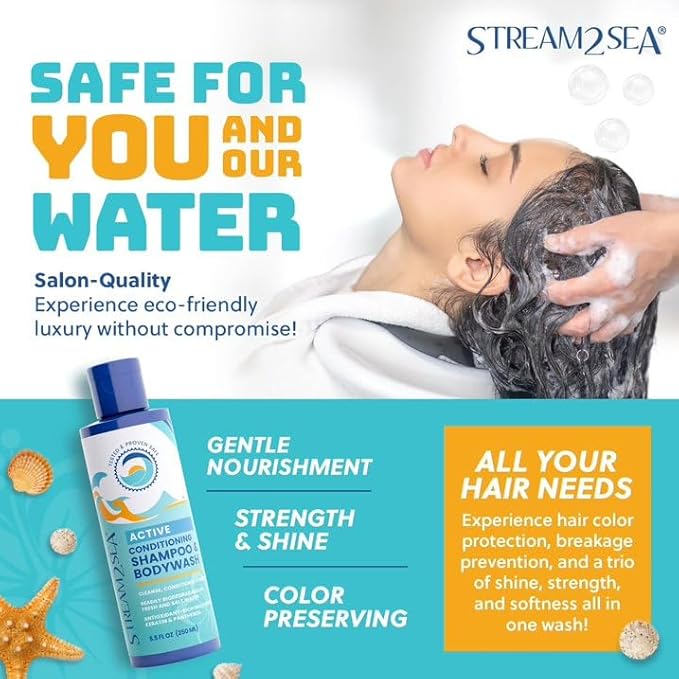 STREAM 2 SEA 3 in 1 Shampoo Body Wash and Conditioner, Reef Safe, All Natural and Organic Camping Shampoo and Liquid Soap, Skin and Hair Care for Men and Women, Sulfate and Paraben Free, 32 oz