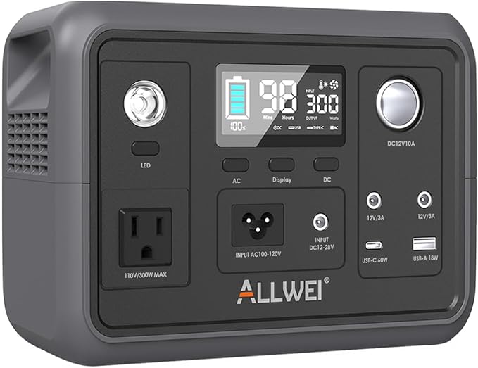Portable Power Station 300W (Peak 600W), ALLWEI 256Wh Solar Generator with 60W USB-C PD Output, 110V Pure Sine Wave AC Outlet Backup LiFePO4 Battery for Outdoors Camping Travel Home Blackout