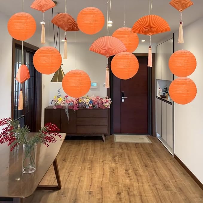 12Pcs Round Paper Lanterns Assorted Sizes (6" 8" 10" 12") for Home Decor, Restaurant, Church, Wedding, Birthday Party Decorations, Hanging Chinese Japanese Paper Lantern Lamps (Orange)