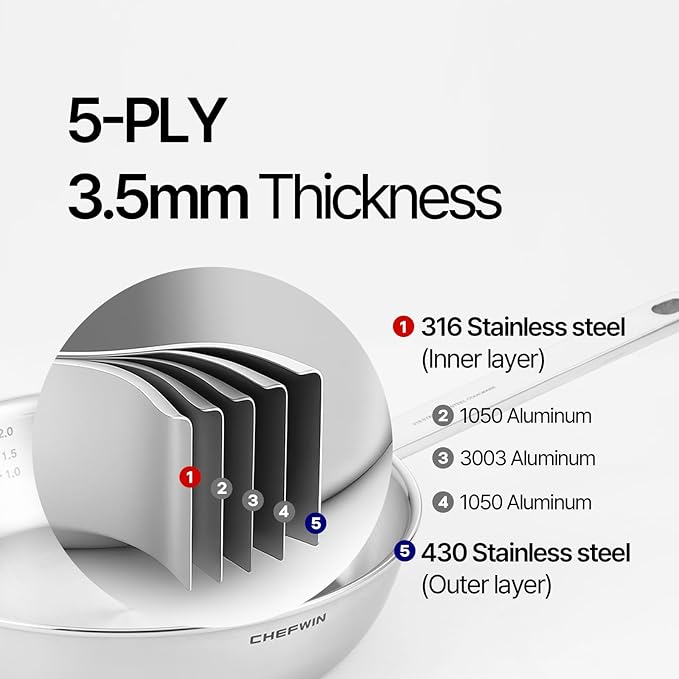 11-Inch 316 Stainless Steel Frying Pan, 5-Ply Stainless Steel Skillet, Induction Compatible, Dishwasher & Oven Safe