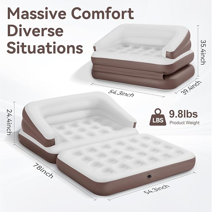 Full Size Air Mattress for Inflatable Portable Blow Up Mattress Sofa Bed with Flocked top-Double Air Couch for Tent Camping(Dark Brown)