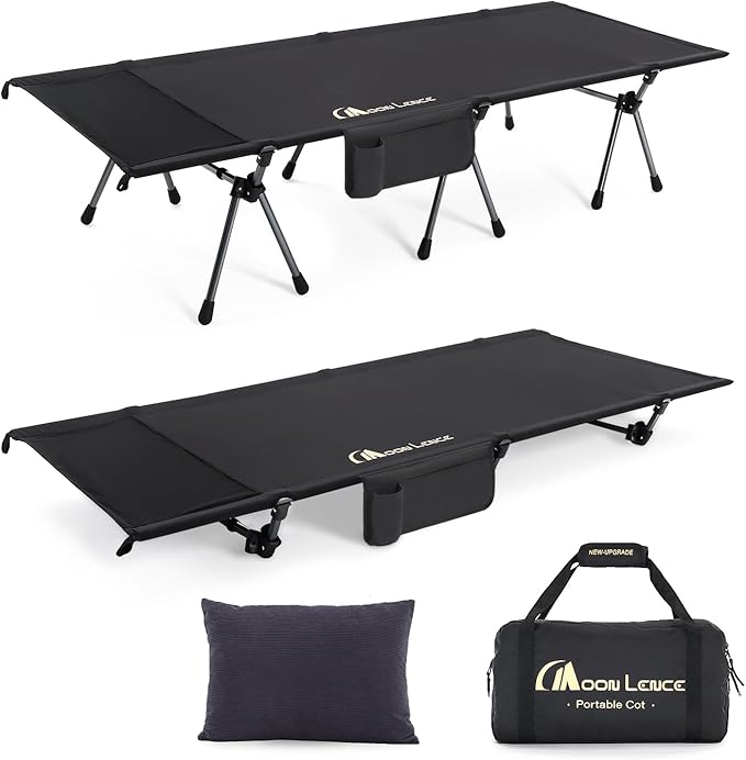 MOON LENCE Height Adjustable Camping Cot - Supports 330 lbs, Portable Folding Bed with Leg Extenders & Camping Pillow for Camping, Hiking, Sleeping, Black