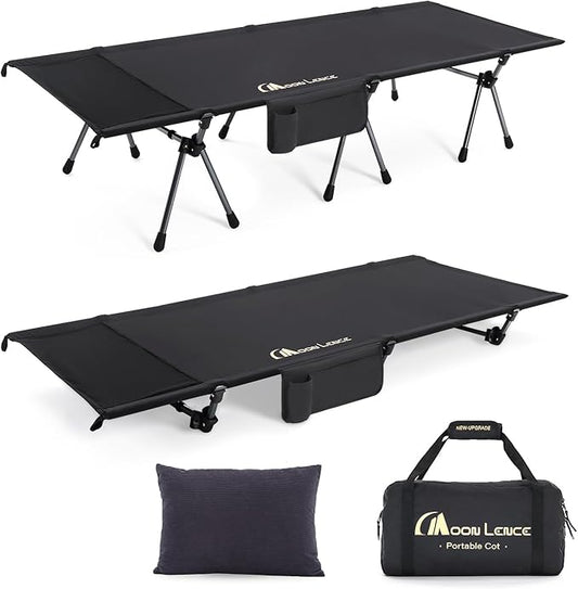 MOON LENCE Height Adjustable Camping Cot - Supports 330 lbs, Portable Folding Bed with Leg Extenders & Camping Pillow for Camping, Hiking, Sleeping, Black