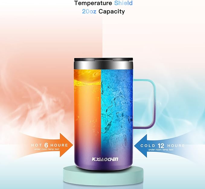 KXIAOCHEN 20oz Insulated Coffee Mug with Lid, Stainless Steel Coffee Cup, Double Wall Vacuum Coffee Tumbler with Handle, Premium Thermal Travel Coffee Mug (Blue Navy Purple 2Pack)