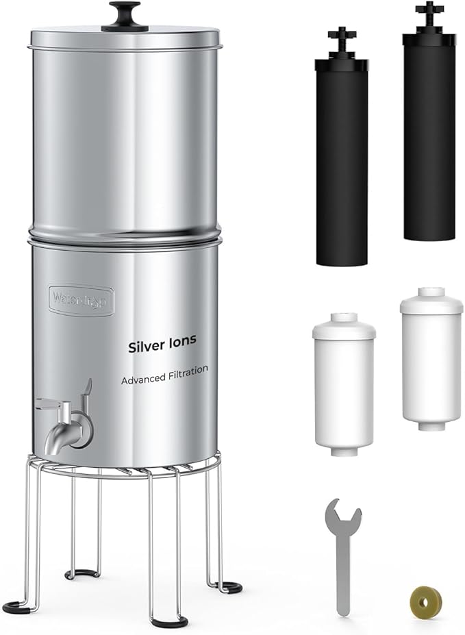Waterdrop Upgrade Gravity-fed Water Filter System, with Silver Ions Enhanced Filtration, Reduces Fluoride and up to 99% of Chlorine, with 4 Filters and Metal Spigot, 2.25G