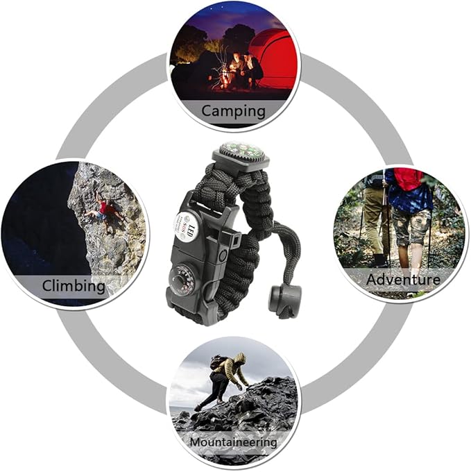 20 in 1 Survival Paracord Bracelet Adjustable Gear Kit with SOS LED Light, Fire Starter, Bigger Compass, Survival Whistle, Perfect for Camping, Hiking, Fishing