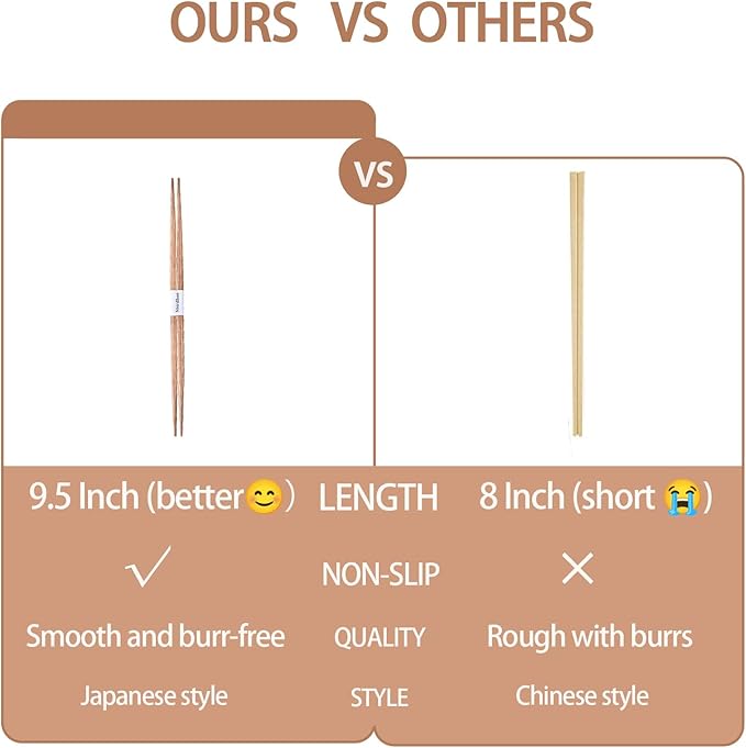 100 pairs Disposable Bamboo Chopsticks Separated With Paper Band To Go Chop sticks Double Pointed, 9.5 Inch(Brown)