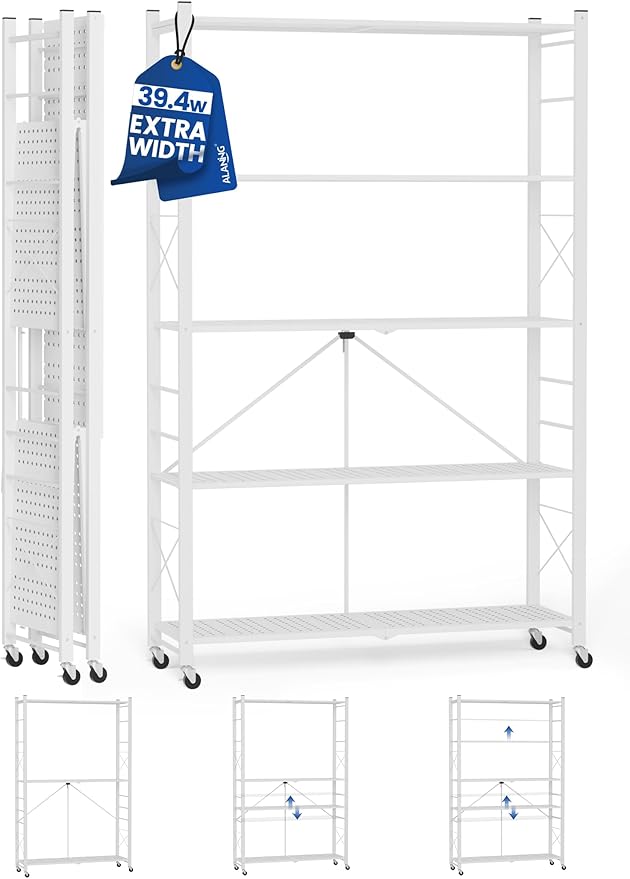 ALANNG 39.4" Wide Folding Storage Shelves with Wheels, Adjustable Metal Shelving Unit, Standing Shelf Organizer for Closet Kitchen Garage Laundry Pantry (White,1 Pack)