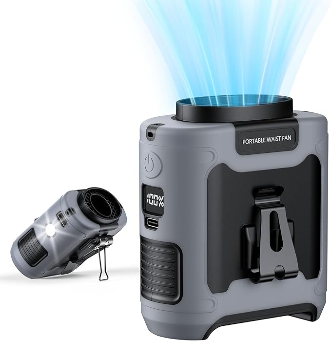 AI Portable Waist Clip Fan, Upgraded 10000mAh Rechargeable Battery Wearable Belt Personal Fan, 16000RPM Powerful 5 Speeds Shirt with Flashlight Neck Hands-Free 40H Cooling (Gray)