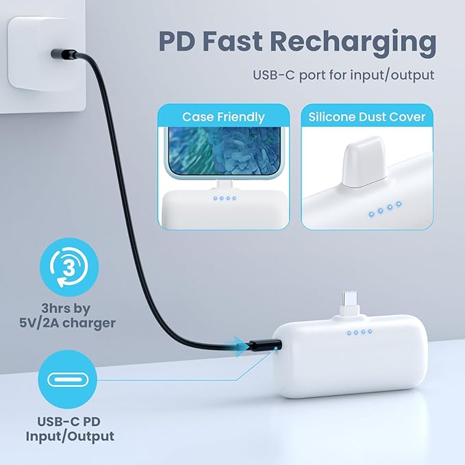 Mini Portable Charger for iPhone 16/15 Series,5200mAh 3A PD USB C Fast Charging Power Bank, Ultra-Compact Cell Phone Battery Pack for iPhone 16/16Plus/15/15Pro Max,Galaxy,Android,Moto,iPad-Milky White