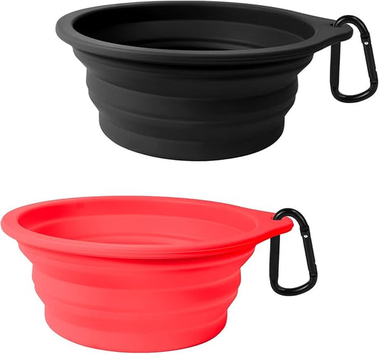 PetBonus 2-Pack Large Silicone Collapsible Dog Bowls, 34oz/1000ml BPA Free Portable Foldable Travel Bowl for Pet Cat, Food Water Feeding Dish for Camping with 2 Carabiners (Black, Red)