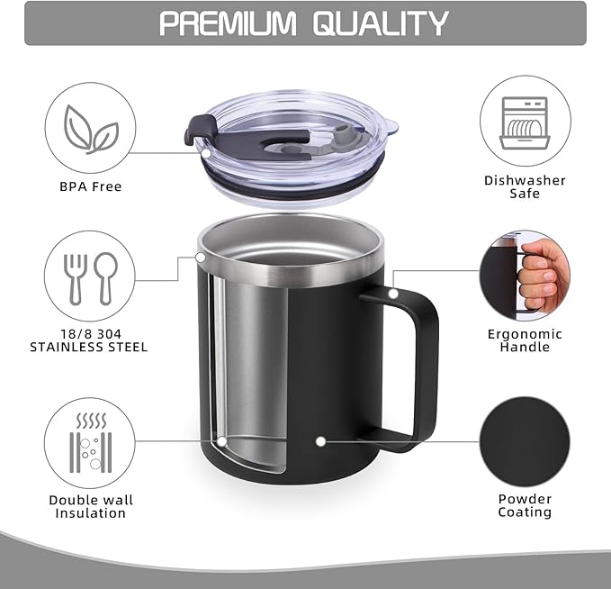 Volhoply 12oz Insulated Leakproof Coffee Mug with Flip & Straw Lid Bulk 8 Pack,Double Wall Vacuum Stainless Steel Travel Tumbler Cup with Handle,Reusable Camping Keep Cold/Hot(Black,8 Set)