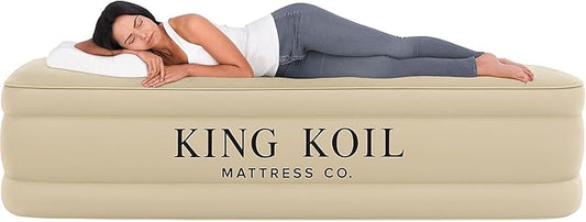 King Koil Luxury Air Mattress 16in Full Size Beige with Built-in Pump for Home, Camping & Guests-Inflatable Airbed Luxury Double High Adjustable Blow Up Mattress, Durable - Portable and Waterproof