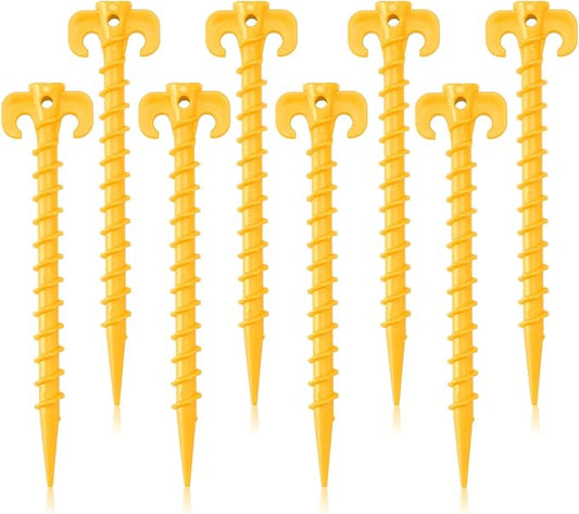 AUGSUN 8 Pack Plastic Tent Stakes Heavy Duty, Yellow Sand Stakes for Beach 7.5 Inch Screw in Tent Stakes Spiral Ground Anchors Tent Pegs Canopy Stakes for Inflatables Outdoor Camping Hiking Garden