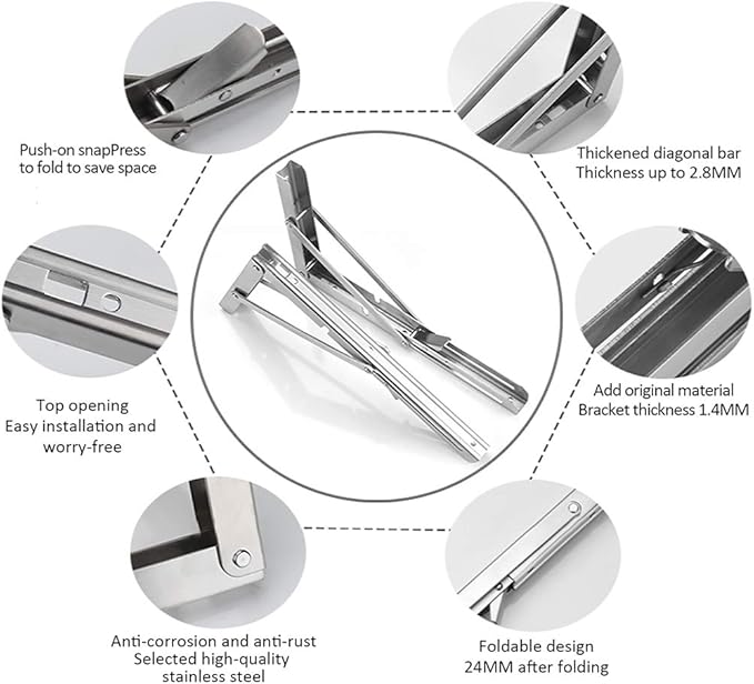 Storystore Folding Shelf Brackets - 16 Inch Heavy Duty Stainless Steel Collapsible Shelf Bracket for Bench Table, Space Saving DIY Bracket (4PCS)