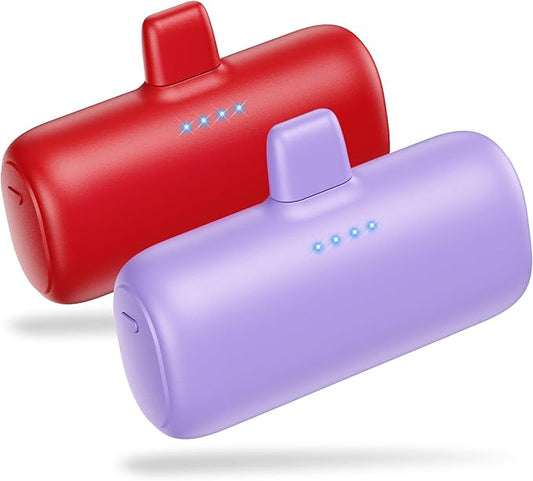 [2-Pack] Mini Portable Charger for iPhone,5200mAh Ultra Compact PD Fast Charging Power Bank,Plug-in Battery Pack Travel Cordless Phone Charger,Compatible with iPhone 14/14Pro/13/12/11/X/8(Purple+Red)