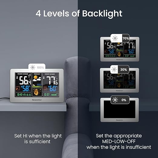 Newentor Weather Station Wireless Indoor Outdoor Thermometer, Color Display Digital Weather Thermometer with Atomic Clock, Barometric Pressure, Forecast Station with Adjustable Backlight, Sliver