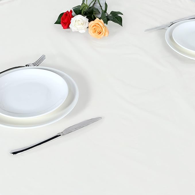 LUSHVIDA Round Waterproof Table Cover Elastic Vinyl Fitted Tablecloth Elastic Edged Plastic Table Cloth (Ivory, Best for Up to 45"-56" Round)