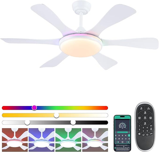 Ceiling Fans with Lights-47 Low Profile Ceiling Fan with 7-Color RGB Light and Remote/APP Control,Flush Mount,DC Reversible,LED Dimmable White Ceiling Fans for Bedroom,Indoor/Outdoor Patio