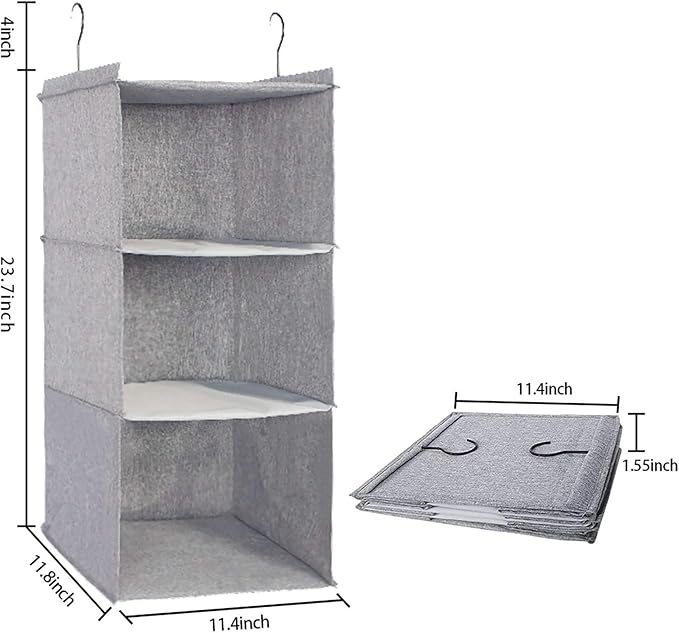 Hanging Closet Organizer, Easy Mount Collapsible 3-Shelf Camper Closet Wardrobe Hanging Storage Shelves, Folded Clothes Towels Handbag Shoes Accessories Storage, Linen Cloth, Gray