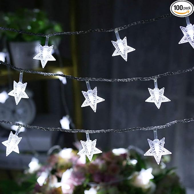Twinkle Star 33FT 100 LED Star String Lights, Plug in Fairy String Lights Waterproof, Extendable for Indoor, Outdoor, Wedding Party, Christmas Tree, New Year, Garden Decoration, White