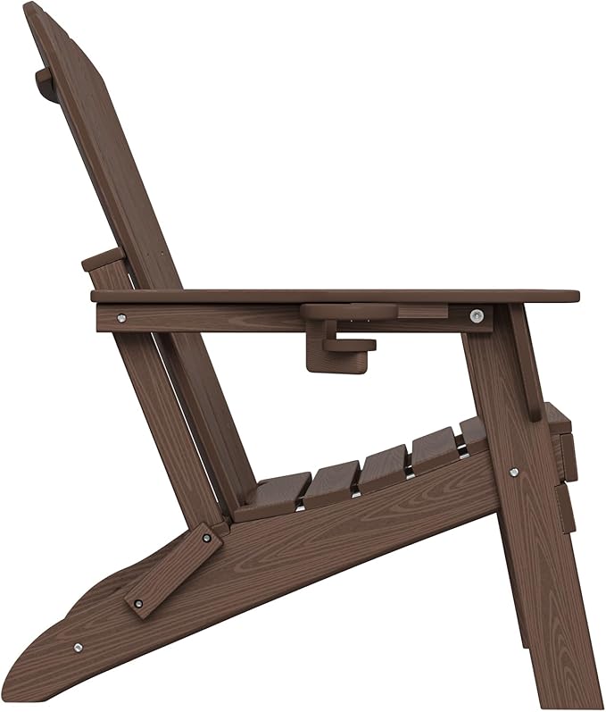 Folding Adirondack Chair, SGS Tested, Wooden Textured with Cup Holder, Heavy All-Weather HDPE Comfortable Set Poolside Backyard Lawn Coffee