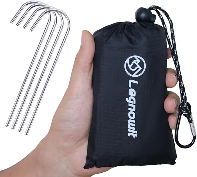 Outdoor Pocket Blanket, 55"x39" Waterproof Foldable Compact Small Pincic Blanket, Ultralight Tarp for Camping, Festival, Beach, Hiking, Backpacking, Travel and More, Stakes Included (Black)