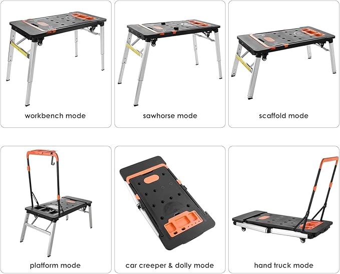 TLGREEN Multifunctional Folding Work Table, 7 in 1 Work Benches for Garage, as Portable Workbench, Sawhorse, Scaffold, Platform, Car Creeper, Dolly and Hand Truck, with 4 Wheels