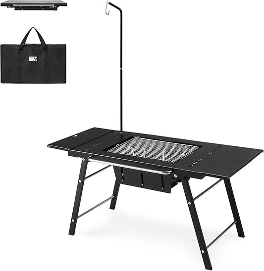 Naturehike Portable IGT Table with Charcoal Grill, Folding Camping Table and BBQ Grill with Desk Extension & Lantern Stand, Perfect for Outdoor Barbecue Camping Cooking Travel Picnic