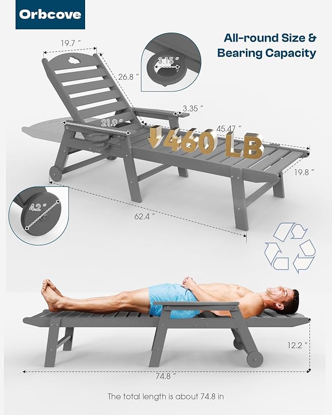 Oversized Chaise Lounge Chair Outdoor with Wheels & Cup Holder, 6-Position Adjustable HDPE Patio Lounge Chair for Poolside, Garden, Deck & Lawn (Grey, 2-Piece)