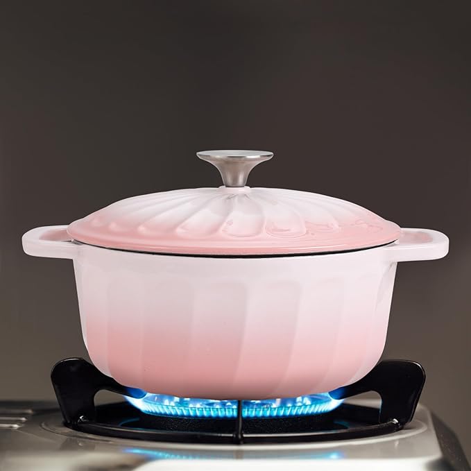 Enameled Cast Iron Dutch Oven with Lid, 3 QT Dutch Oven Pot for Bread Baking, Heavy Duty Cast Iron Pot for Braising, Cook, Bake, Oven Safe across All Cooktops (Gradient Pink,3 QT)
