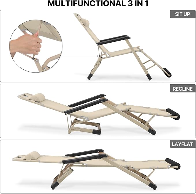 MoNiBloom Set of 2 Folding Reclining Patio Chairs, 3-Position Patio Lounger Folding Chairs with Footrest for Backyard Poolside Lawn, Cream, 330lbs Capacity