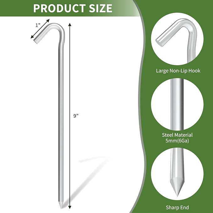 9 inch Galvanized Tent Stakes Metal Tent Pegs, Steel Yard Stakes Tarp Hooks Ground Garden Stakes Tent Spikes, 100 Pack