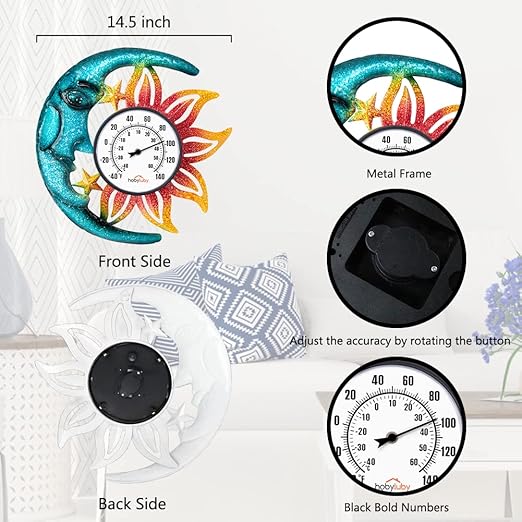 Indoor Outdoor Thermometer, Sun-Moon Wall-Mounted Thermometer Waterproof for Patio Garden Yard & Living Room, No Battery Needed