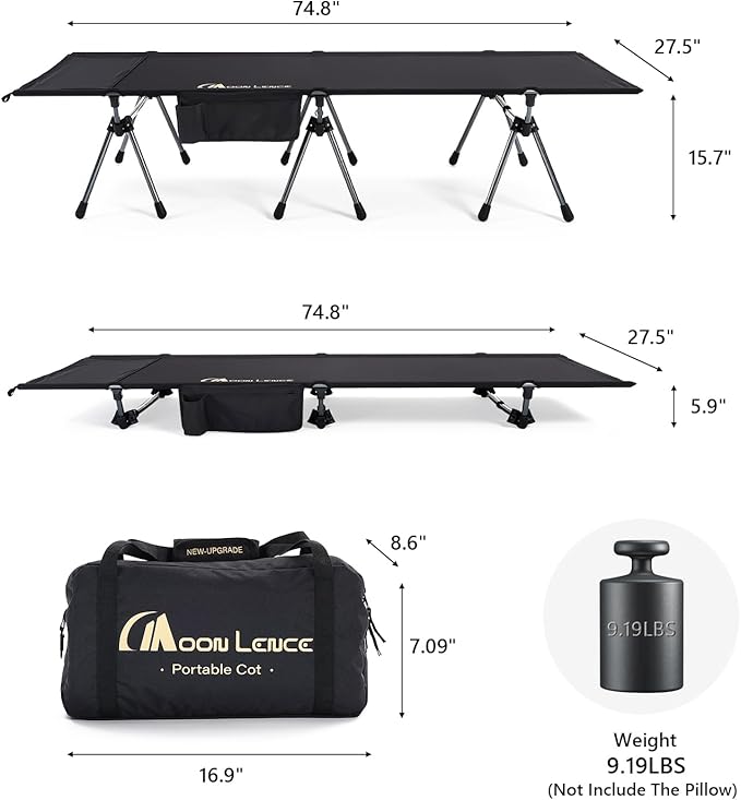 MOON LENCE Height Adjustable Camping Cot - Supports 330 lbs, Portable Folding Bed with Leg Extenders & Camping Pillow for Camping, Hiking, Sleeping, Black