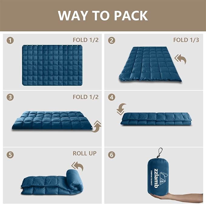 zzlamb Puffy Down Camping Blanket Water-Repellent, Down Throw Travel Blanket Portable for Outdoor, Light Warm Quilt for Couch Plane Car Theater Stadium Picnic RV Backpacking Hammock