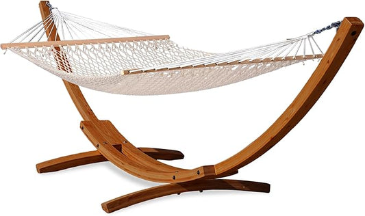 Lazy Daze Hammocks 12 FT Double Rope Hammock and 13 FT Brown Wooden Arc Stand, 2 Person Hand Woven Cotton Hammock with Spreader Bar for Outdoor Patio Poolside, 450 lb Capacity, Natural
