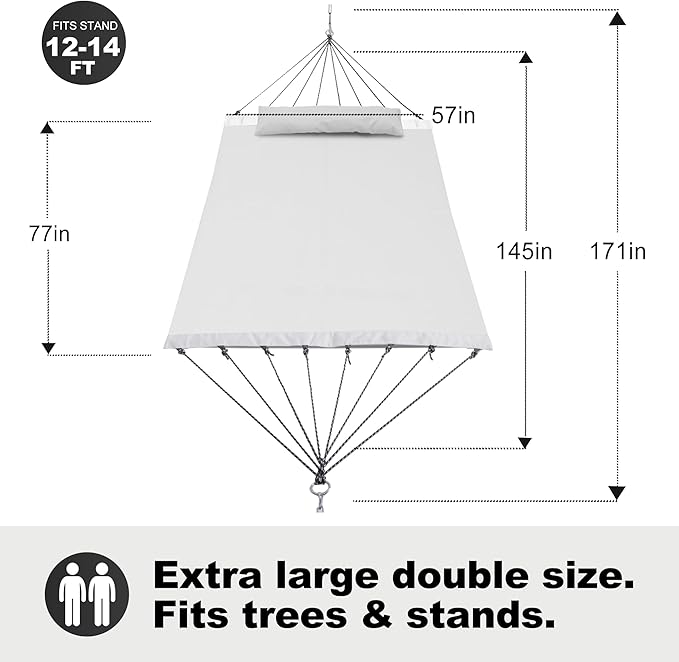 14ft Two Person Outdoor Hammock, Portable Camping with Folding Steel Spreader Bar, Carrying Bag, Carabiners, Tree Straps, Pillow & Sidebag, Quick Dry Textilene, 550 lbs Capacity (Ivory)