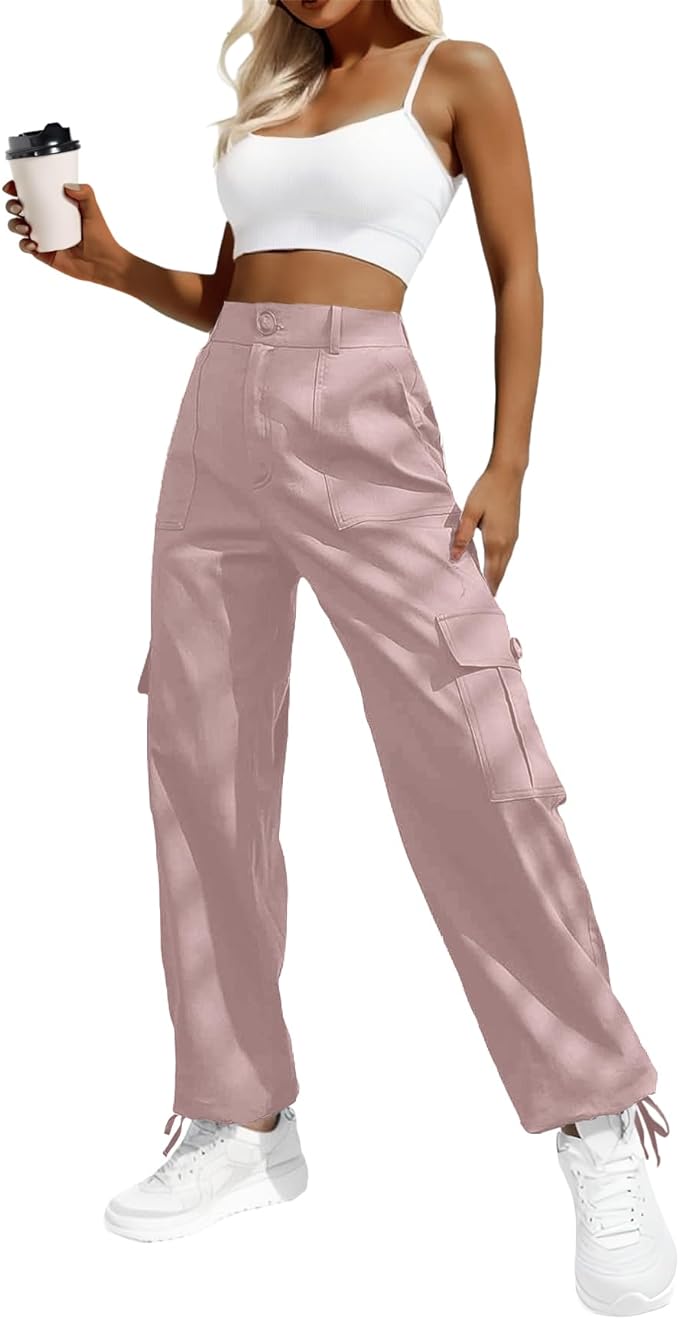 Lepunuo Women's High Waisted Cargo Pants Travel Y2K Streetwear Baggy Stretchy Pants with 6 Pockets Drawstring Ankle Cuffs