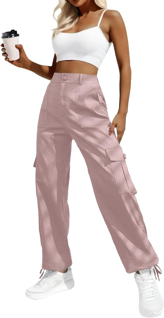 Lepunuo Women's High Waisted Cargo Pants Travel Y2K Streetwear Baggy Stretchy Pants with 6 Pockets Drawstring Ankle Cuffs